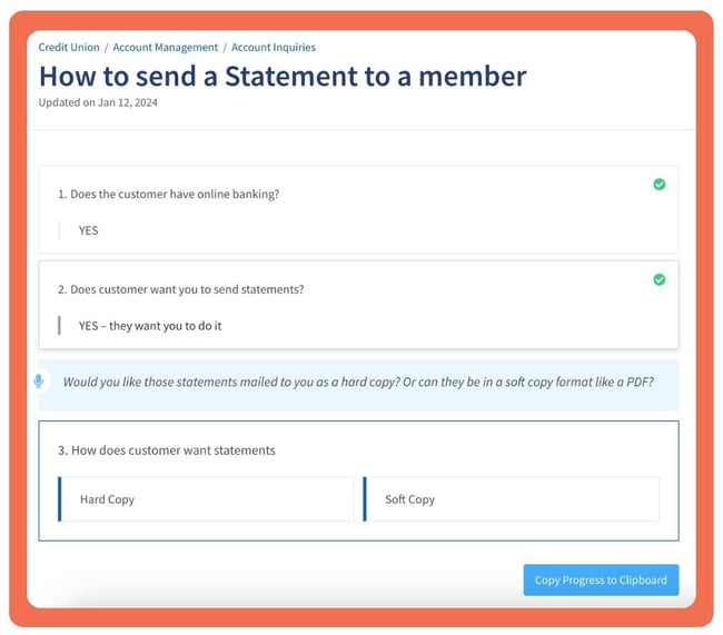 Decision tree SOP example of how to send a member statement at a credit union