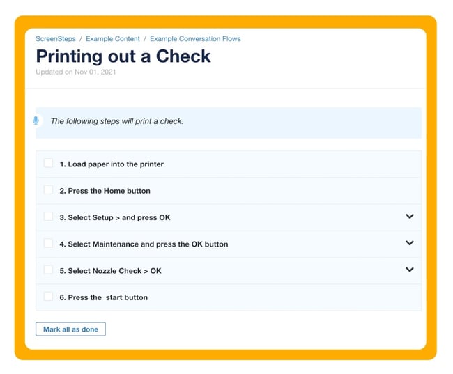 Checklist SOP example of how to print a check