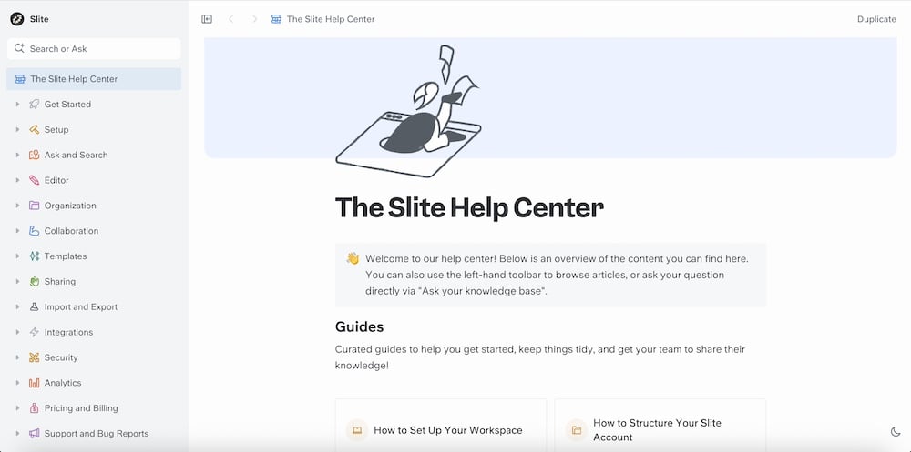 Slite knowledge base software example