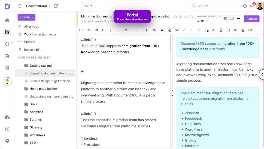 Document360 editor and reviewer portal example