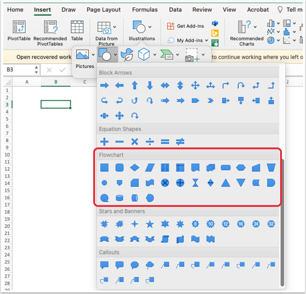 Excel flowchart shapes