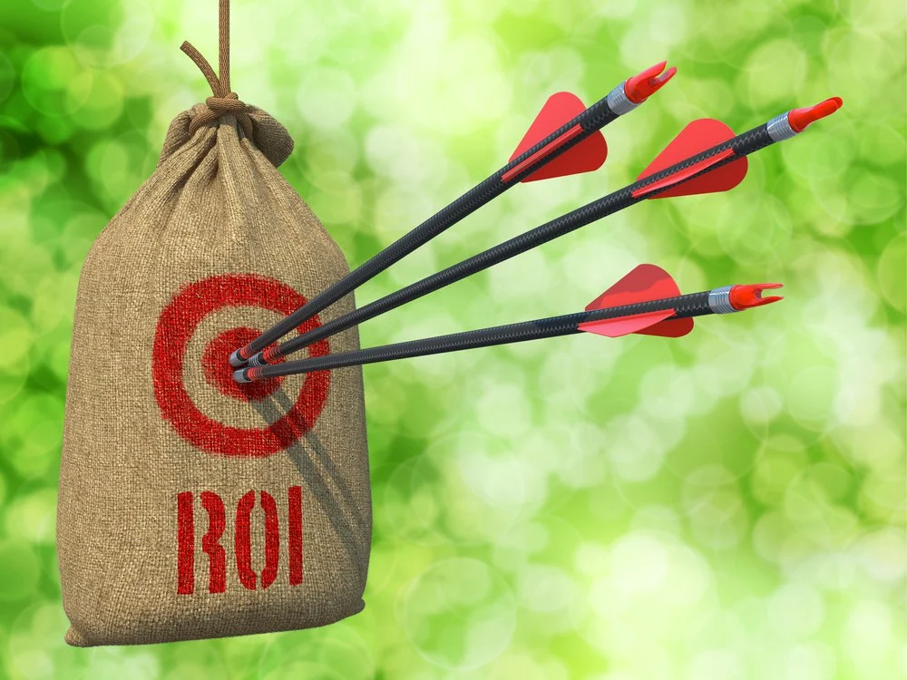 ROI - Three Arrows Hit in Red Target on a Hanging Sack on Natural Bokeh Background.